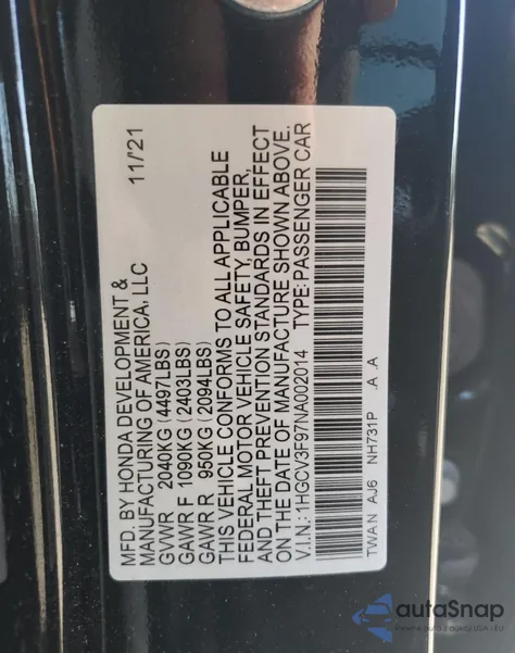 2022 Honda Accord Touring Hybrid из США, поврежденный, VIN 1HGCV3F97NA002014